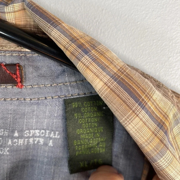 TIMBERLAND Mens Aged Washed Plaid Shirt Tan Brown Organic Cotton Long Sleeve XL - Picture 10 of 13